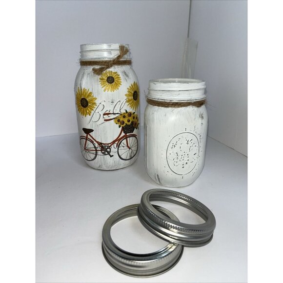2 Ball Mason Jars Hand Painted Summer Bicycle Sunflowers 32oz & 16oz With Bands - Picture 9 of 16